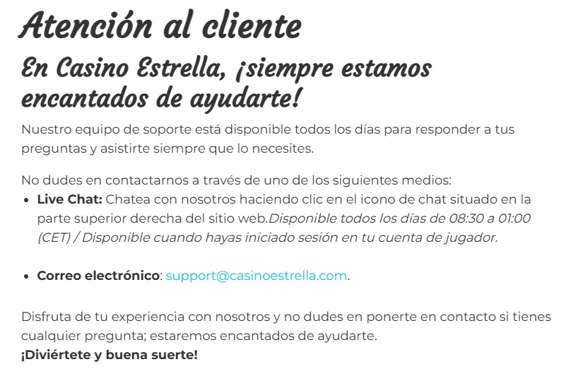 Atención al cliente en Casino Estrella